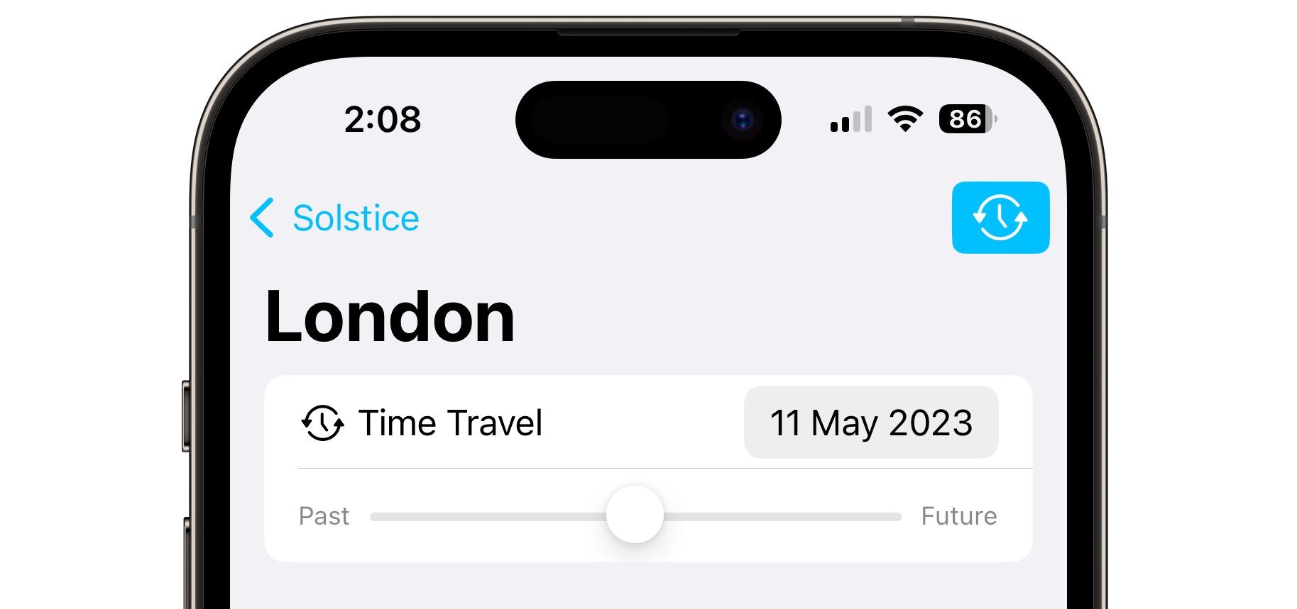 A zoomed in screenshot of Solstice's time travel feature, showing a date picker and a slider with “Past” and “Future” as the start and end labels.